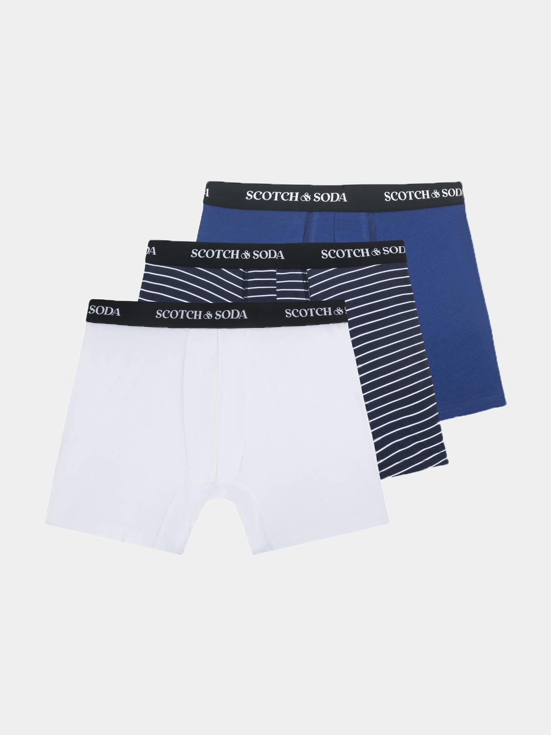 Three-pack boxer briefs from Scotch & Soda featuring soft fabric, comfortable fit, and classic design in assorted colors.