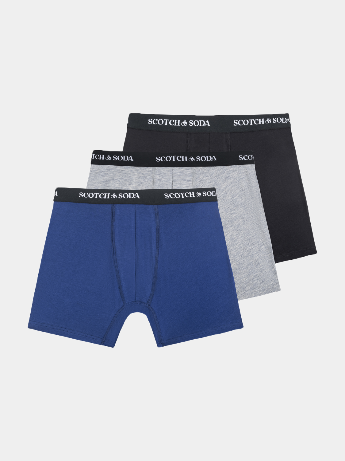 Three-pack boxer briefs from Scotch & Soda with soft waistband and snug fit, displayed folded on a plain background.