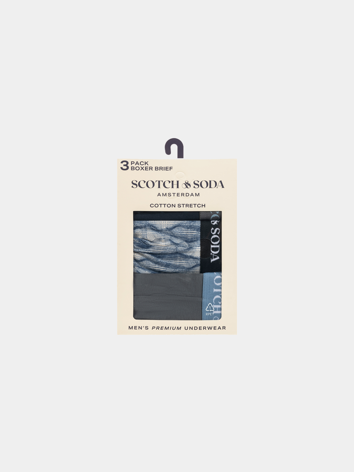 Three-pack Scotch & Soda men's boxer briefs in various colors, showing comfortable waistband and soft fabric.