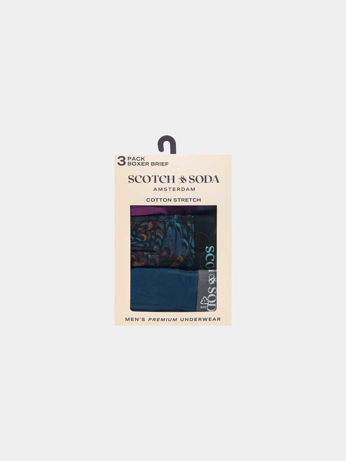 Three-pack Scotch & Soda men's boxer briefs in assorted colors, soft underwear with elastic waistbands.
