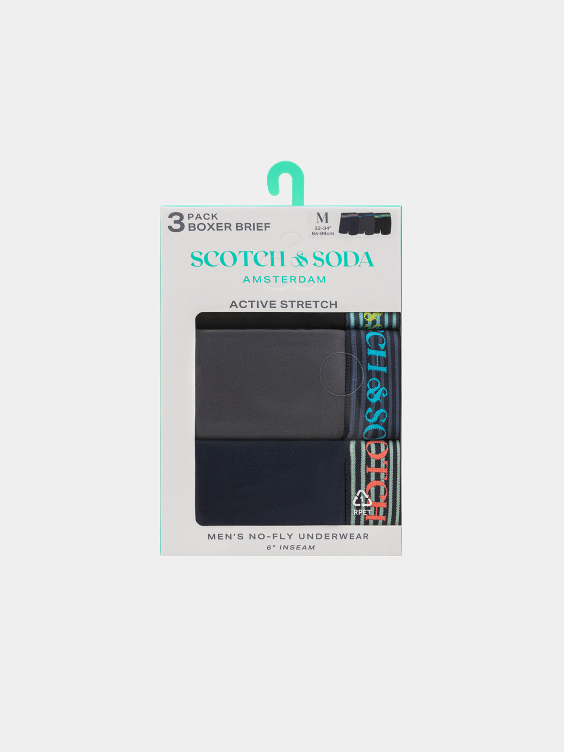 Three-pack of Scotch & Soda men's boxer briefs in various colors, made from comfortable, breathable underwear fabric.