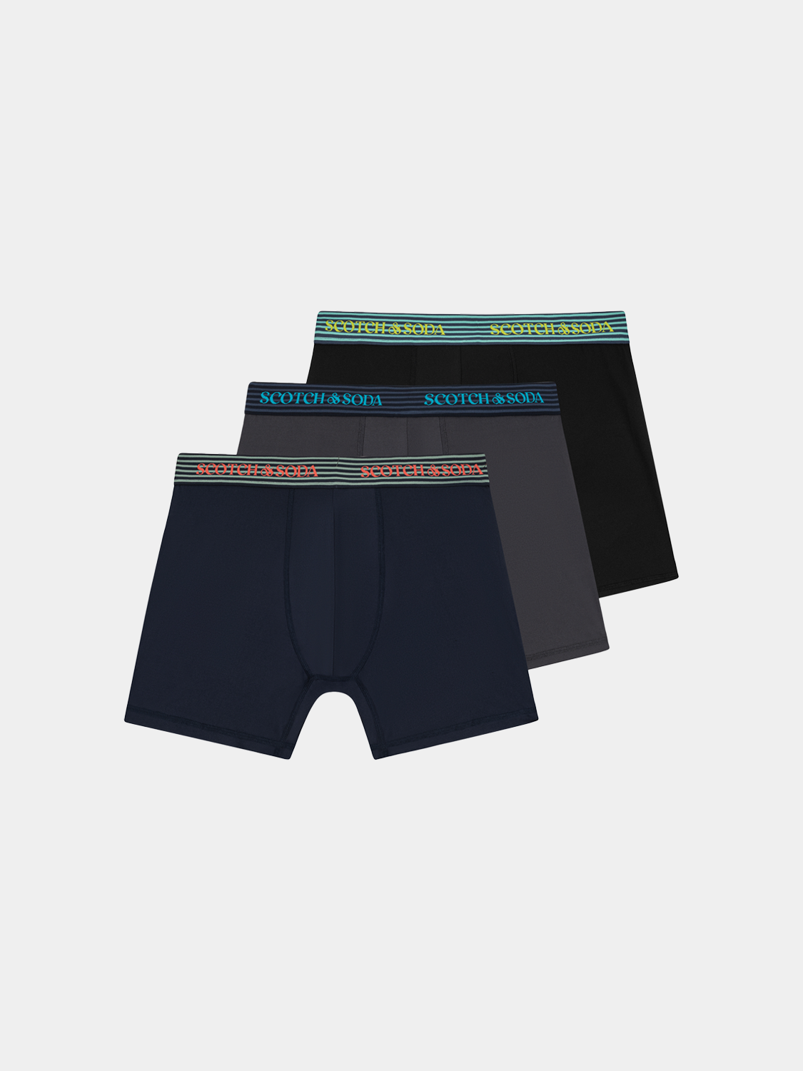 Three-pack boxer briefs by Scotch & Soda, cotton underwear with elastic waistband and classic fit, displayed in a row.