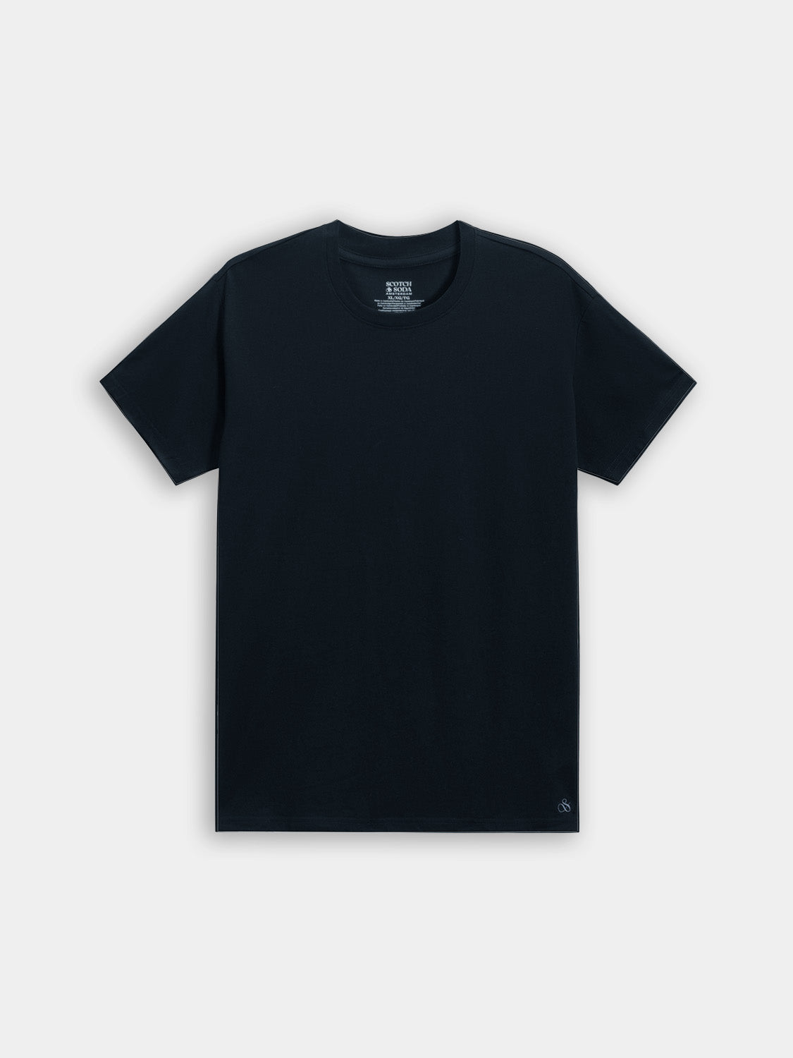 Three Scotch & Soda short-sleeve crew neck T-shirts in neutral colors, arranged flat for display.