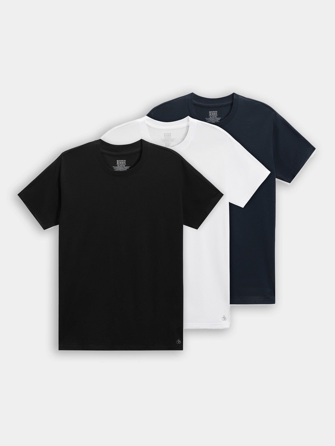 Three Scotch & Soda short sleeve crew neck T-shirts in a 3-pack, featuring classic crew neck design and versatile casual style.