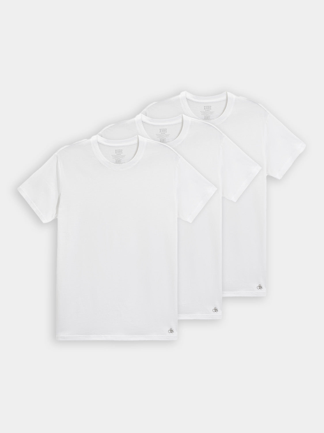Three Scotch & Soda crew neck short-sleeve t-shirts in a 3-pack, featuring casual, comfortable design in various colors.