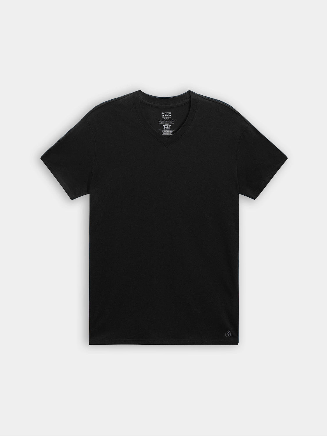 Three Scotch & Soda short-sleeve v-neck t-shirts in neutral colors, displayed flat with folded sleeves and neckline.