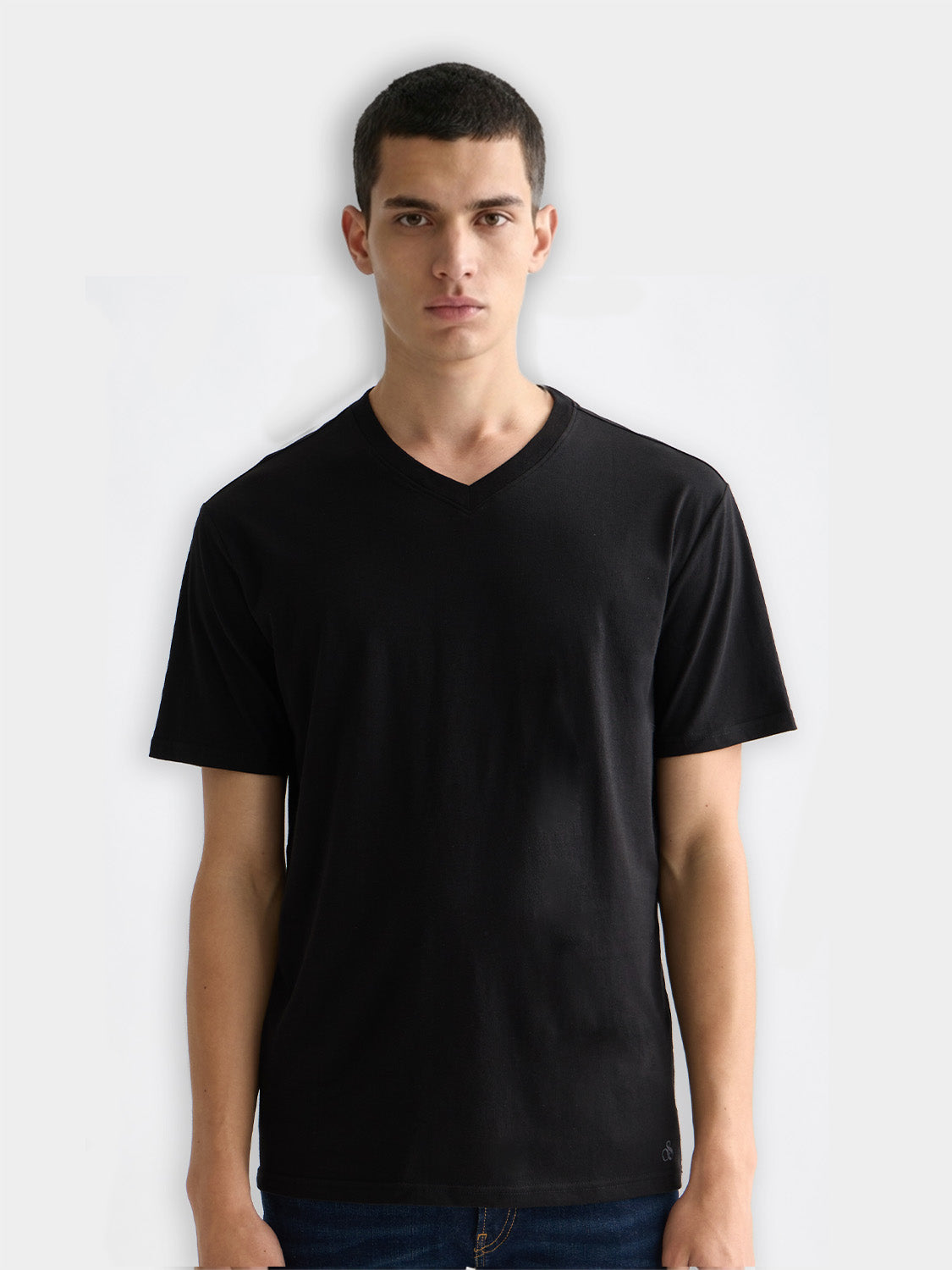 Three SCOTCH & SODA short-sleeve v-neck t-shirts in neutral colors, displayed flat with visible neckline and fabric texture.