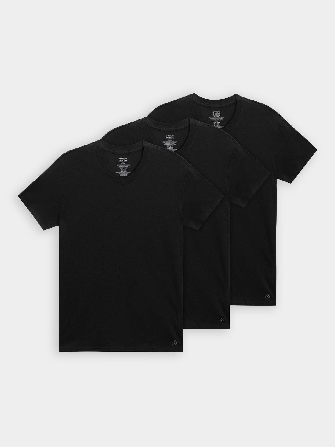 Three Scotch & SODA men's short sleeve v-neck t-shirts in a 3-pack, displayed in neutral colors on a flat lay.