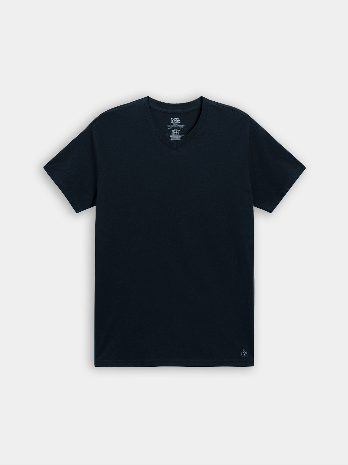 Three Scotch & Soda short-sleeve V-neck T-shirts in neutral colors, neatly folded and stacked.