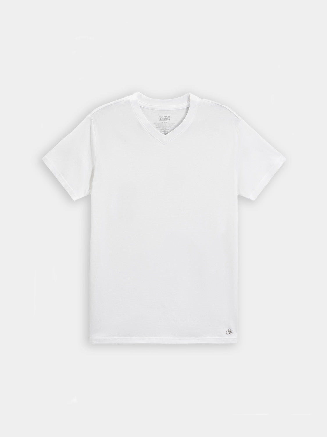 Three SCOTCH & SODA short-sleeve v-neck t-shirts in various colors, laid flat showing the neckline and fabric texture.