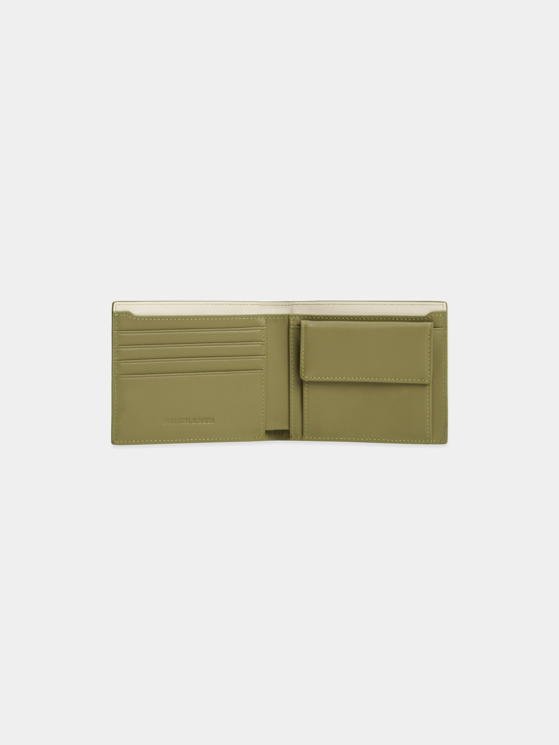 SCOTCH & SODA leather wallet, brown leather bag with multiple card slots and a sleek design, close-up view.