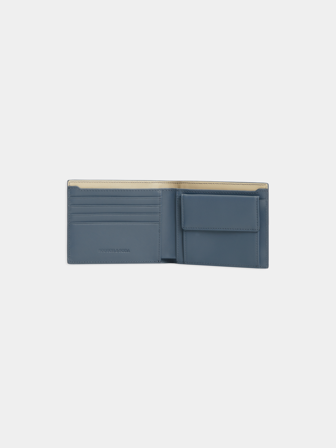 Leather wallet by Scotch & Soda, shown open with card slots and cash compartment, made from smooth brown leather.