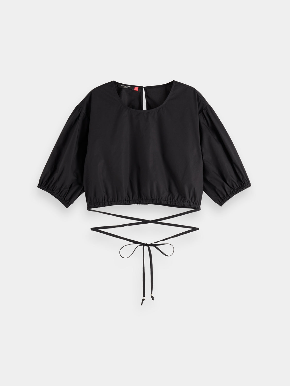 Light blue cropped poplin top by Scotch & Soda, featuring a woven fabric and short sleeves, displayed on a neutral background.