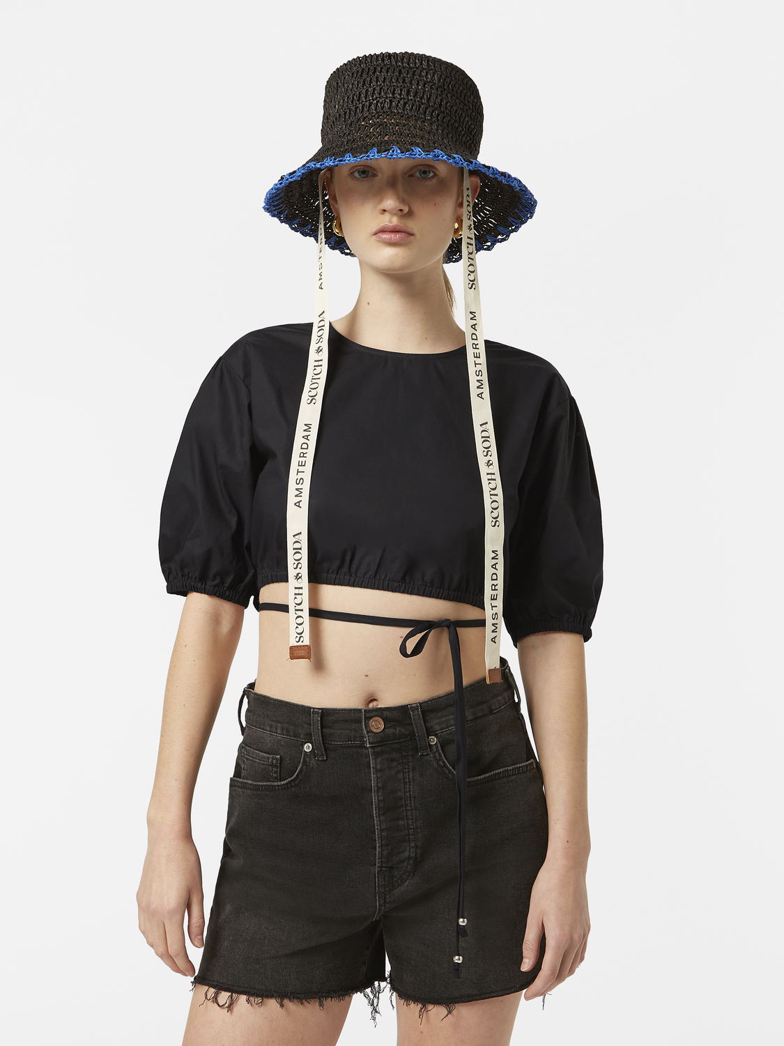 Cropped poplin woven top from Scotch & Soda featuring a relaxed fit with short sleeves and a classic collar, light blue color.