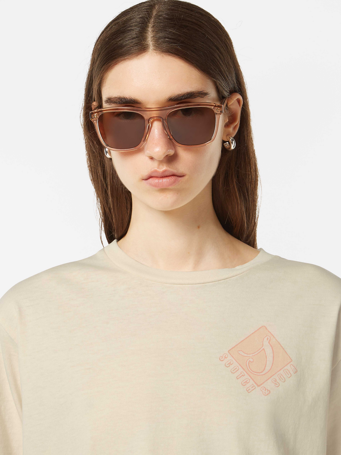 Slim fit Scotch & Soda short-sleeve garment-dyed T-shirt with crew neckline, displayed on a model.