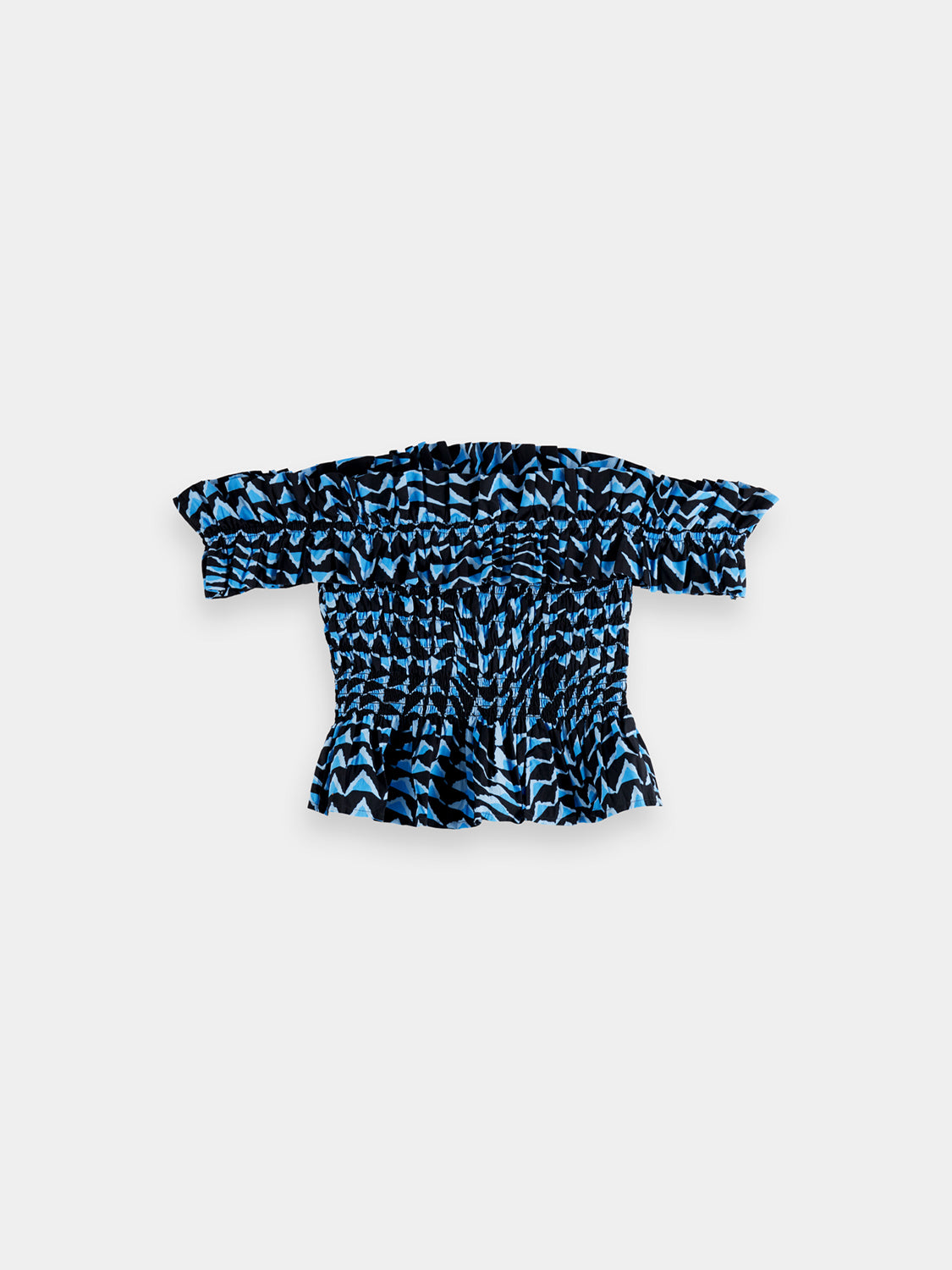 Black Scotch & Soda off-shoulder ruffled tank top displayed on a model, showcasing its stylish neckline and flowy fabric.