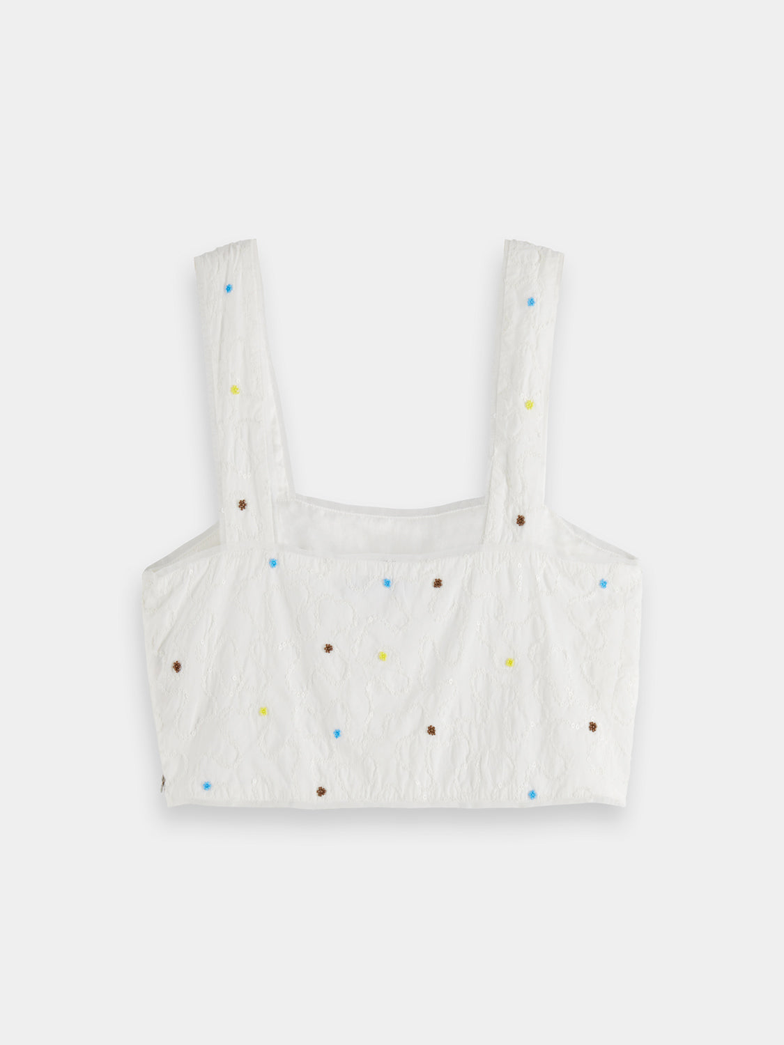 Beaded crop top tank by Scotch & Soda with intricate beadwork and a fitted sleeveless design, shown in black.
