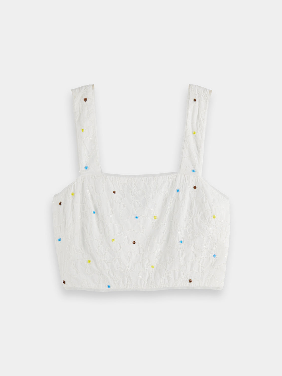 Beaded Scotch & Soda crop tank top with intricate beading and sleeveless design, displayed on a plain background.