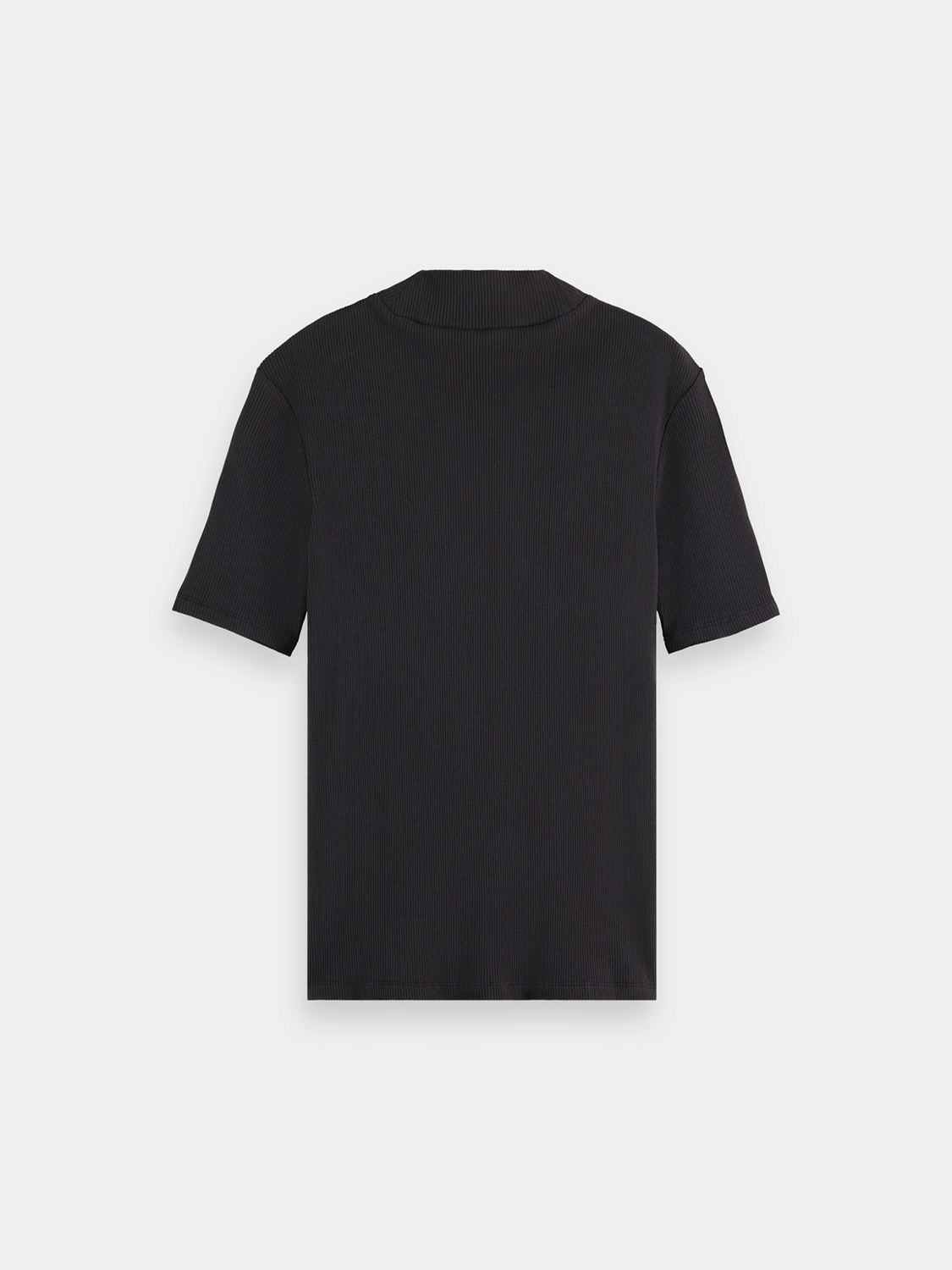 Black ribbed mock neck short sleeve tee by Scotch & Soda, close-up of fabric texture and neckline detail.