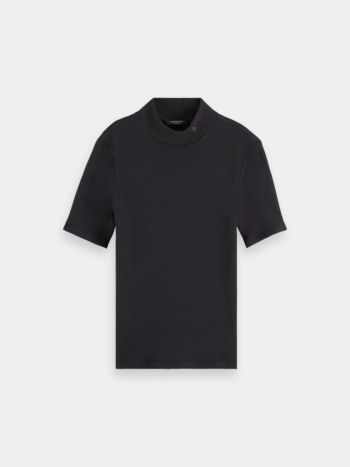Light gray ribbed mock neck short sleeve tee from Scotch & Soda with a fitted, textured design.