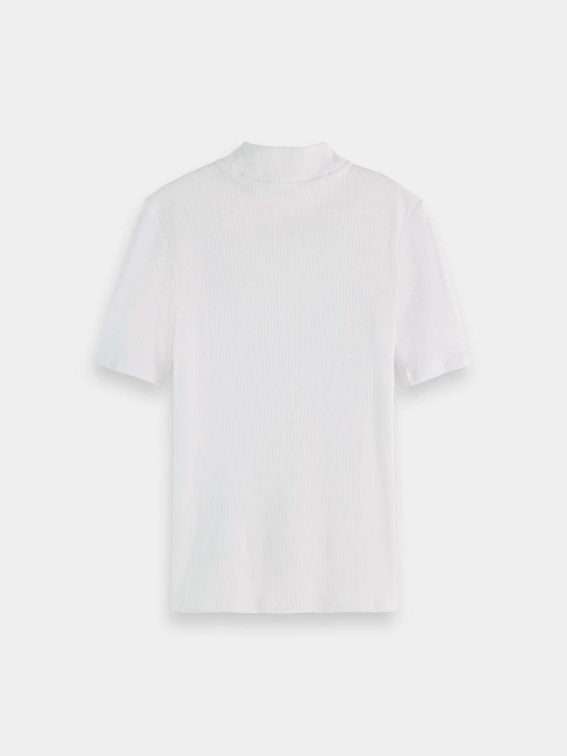 Black Scotch & Soda ribbed mock neck short sleeve tee, close-up view showing textured fabric and fitted style.