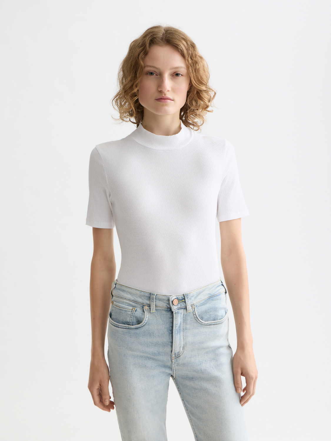 Light gray ribbed mock neck short sleeve tee shirt by Scotch & Soda, close-up of fabric texture and neckline detail.