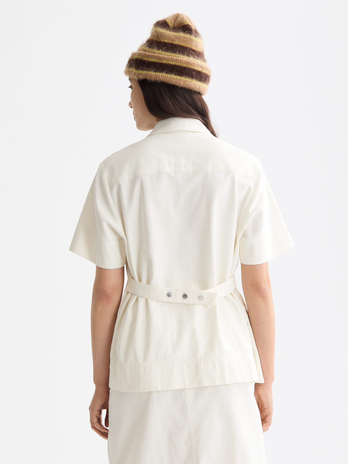 Light blue Scotch & Soda pocket denim shirt with short sleeves, front chest pocket, and back view on a model.