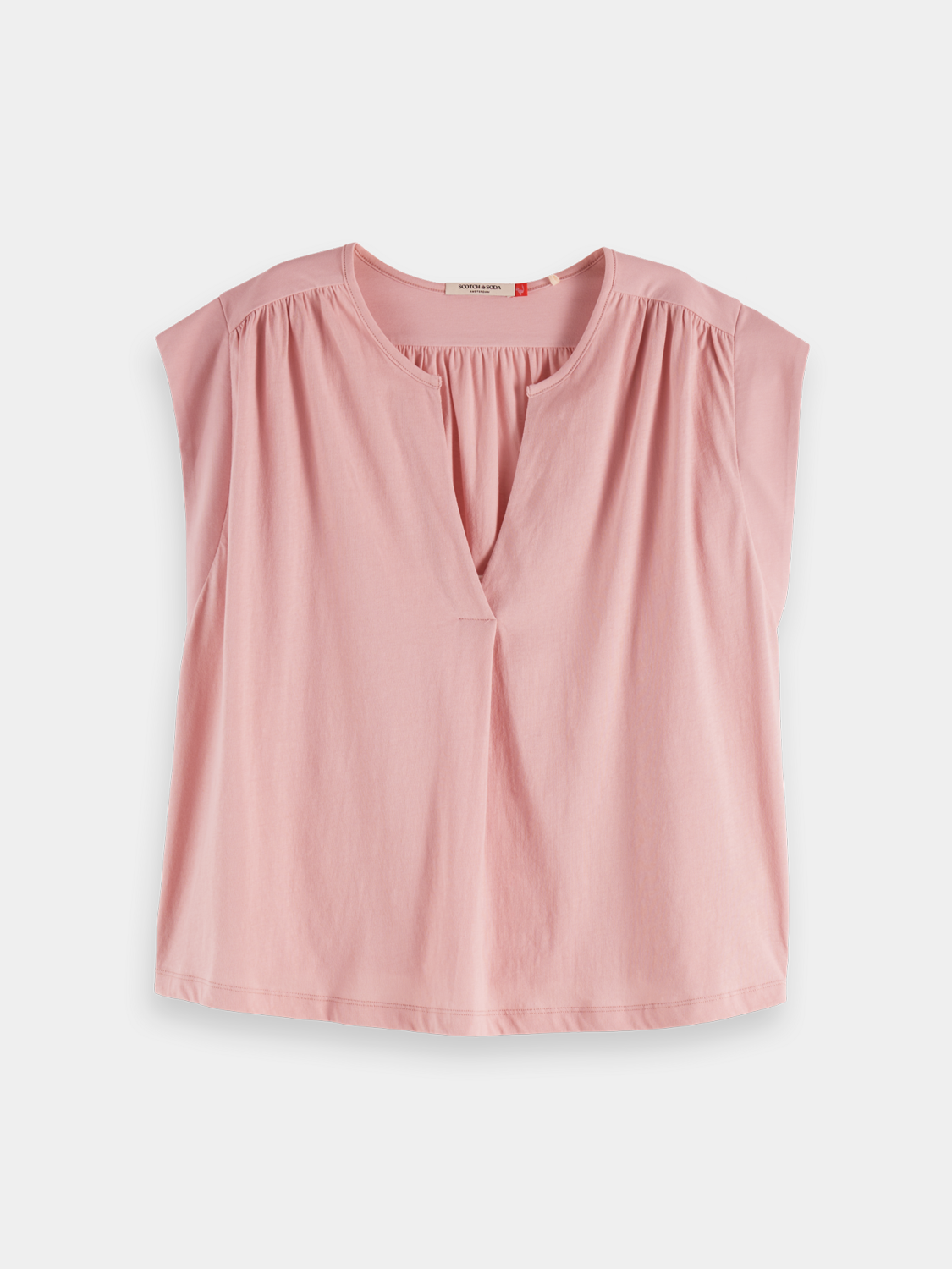 Drapey V-neck Scotch & Soda short sleeve T-shirt in soft fabric, casual fit, displayed flat on a neutral background.