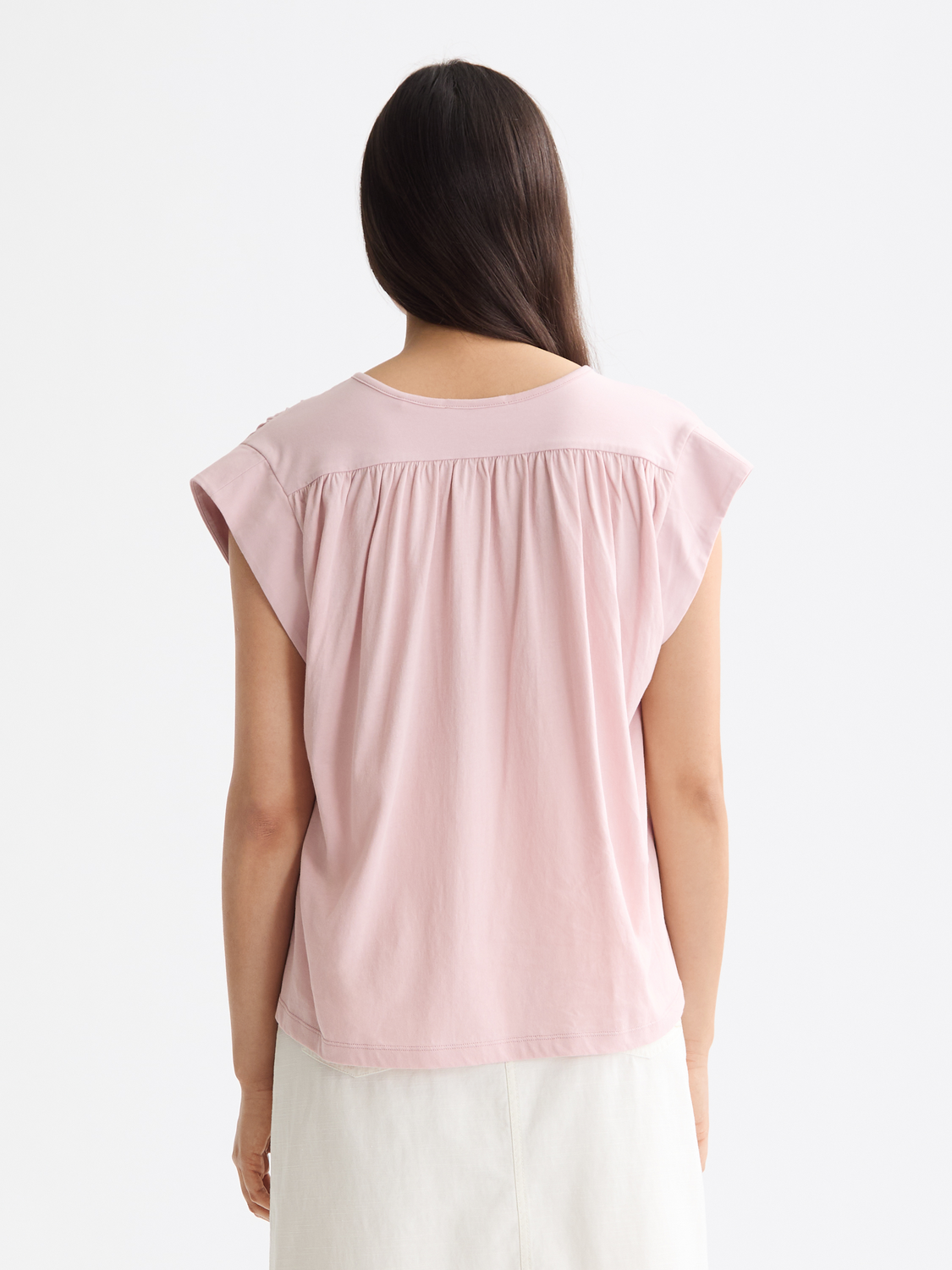 Drapey navy V-neck T-shirt from Scotch & Soda's short-sleeve T-shirt collection, shown from the back with a relaxed fit.