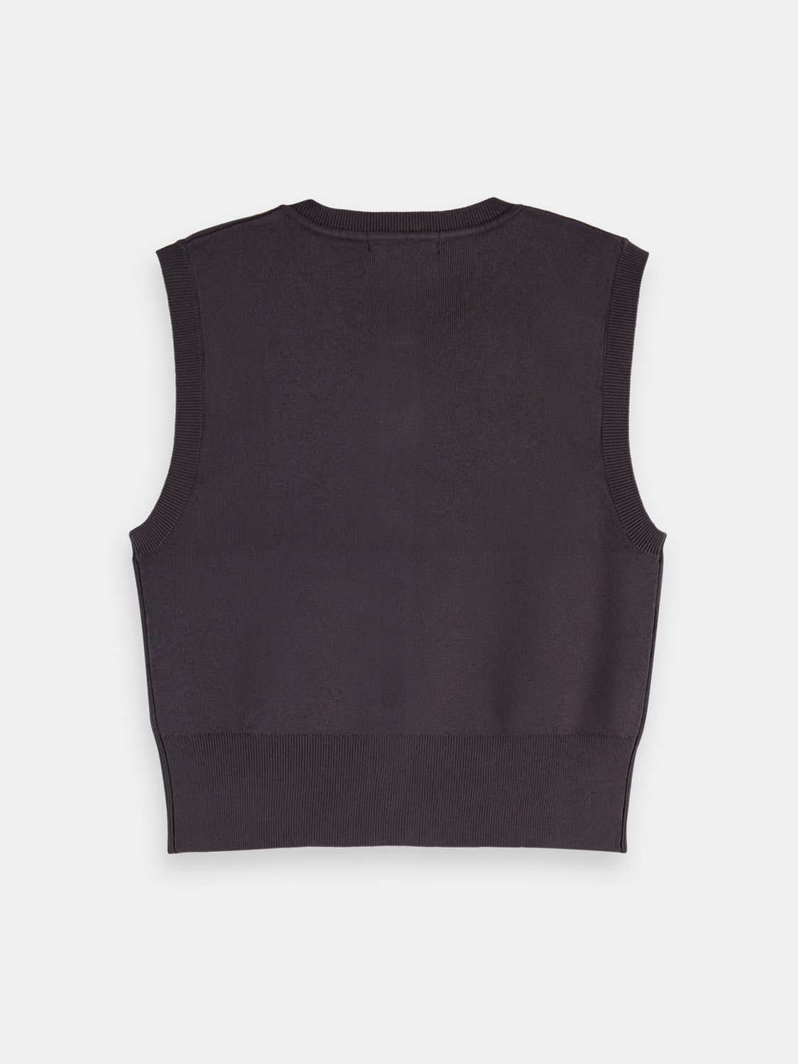 Black knitted spencer top by Scotch & Soda, featuring a cozy, textured knitwear design and a fitted sleeveless silhouette.