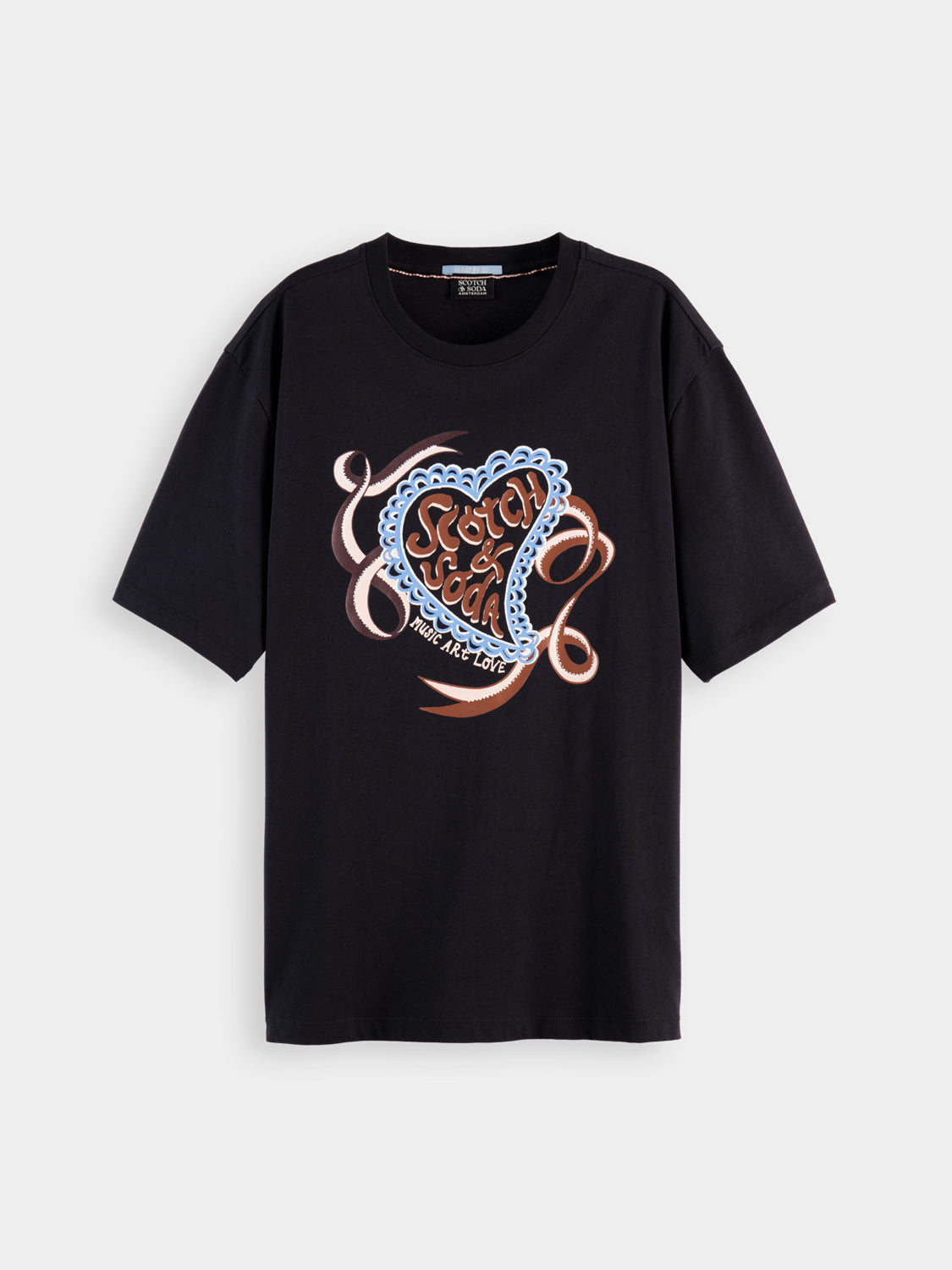 Scotch & Soda short sleeve artwork t-shirt featuring vibrant graphic design and casual fit, displayed on a plain background.