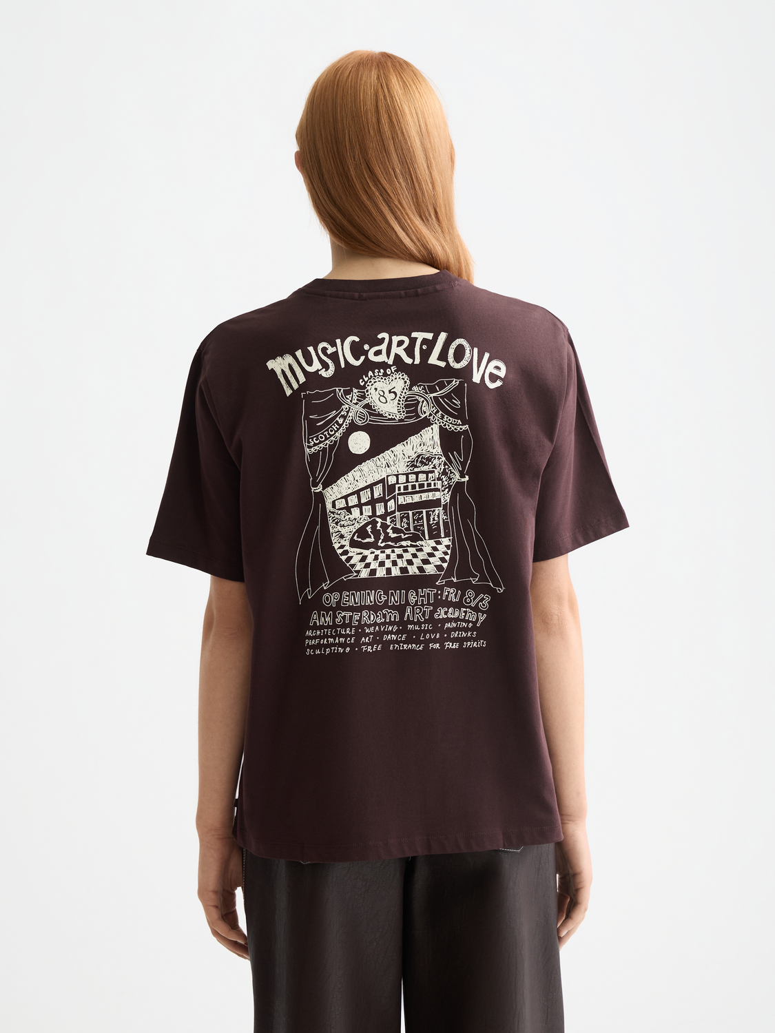 Black artwork t-shirt from Scotch & Soda featuring a short sleeve design and artistic print on the front.