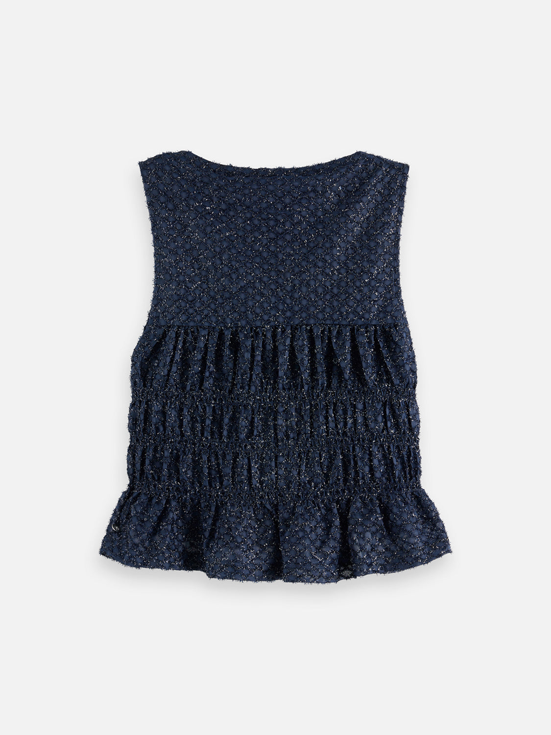 Black Scotch & Soda smocked tank top with ruffled straps and fitted bodice, perfect for casual summer outfits.