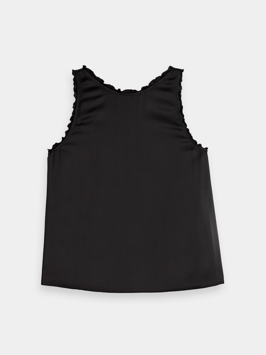 Blue V-neck ruffle tank top by Scotch & Soda, front view showing ruffled neckline and sleeveless design.
