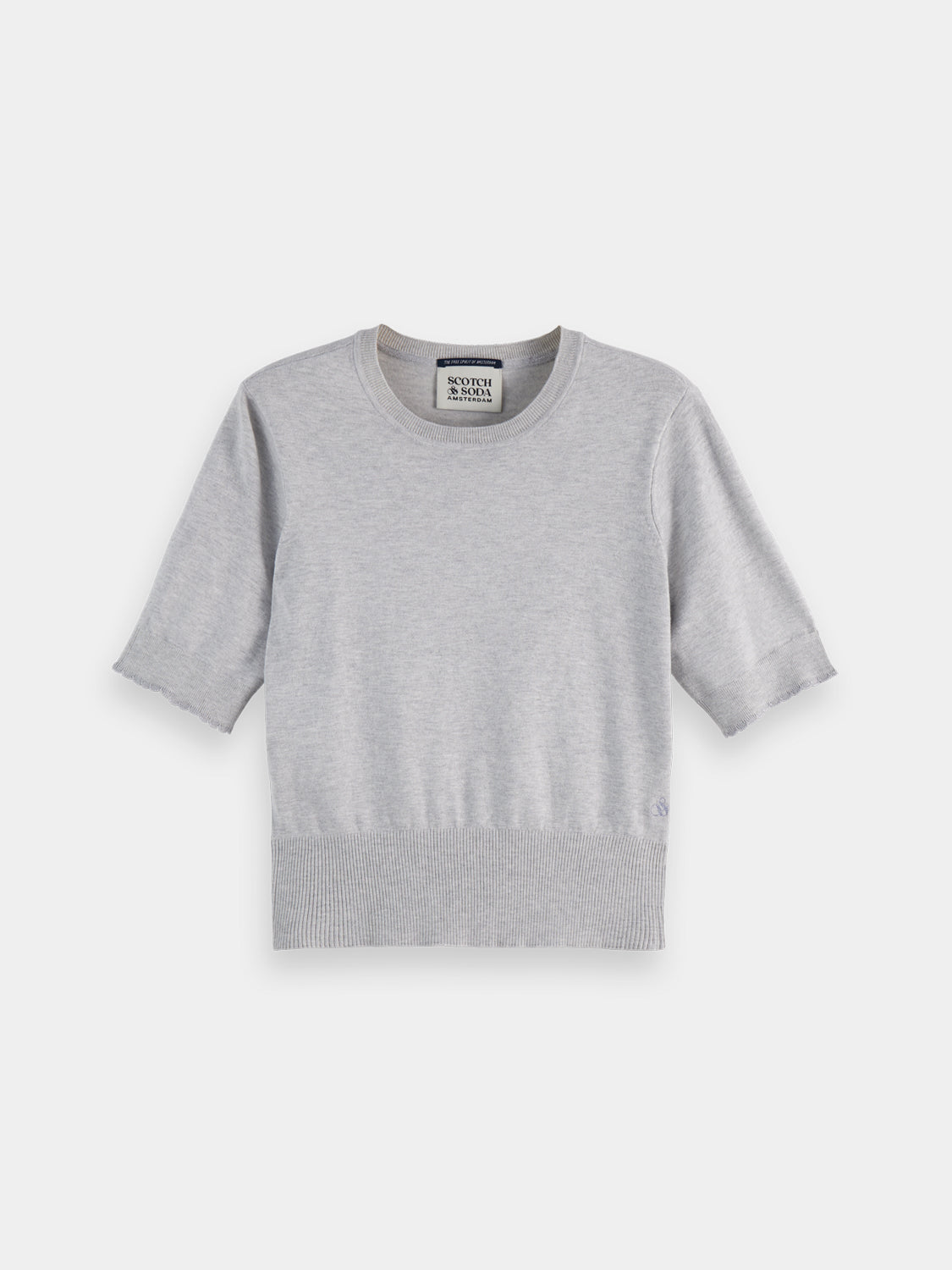 Short-sleeved knitwear pullover top by Scotch & Soda, shown in a close-up of the fabric and fit.