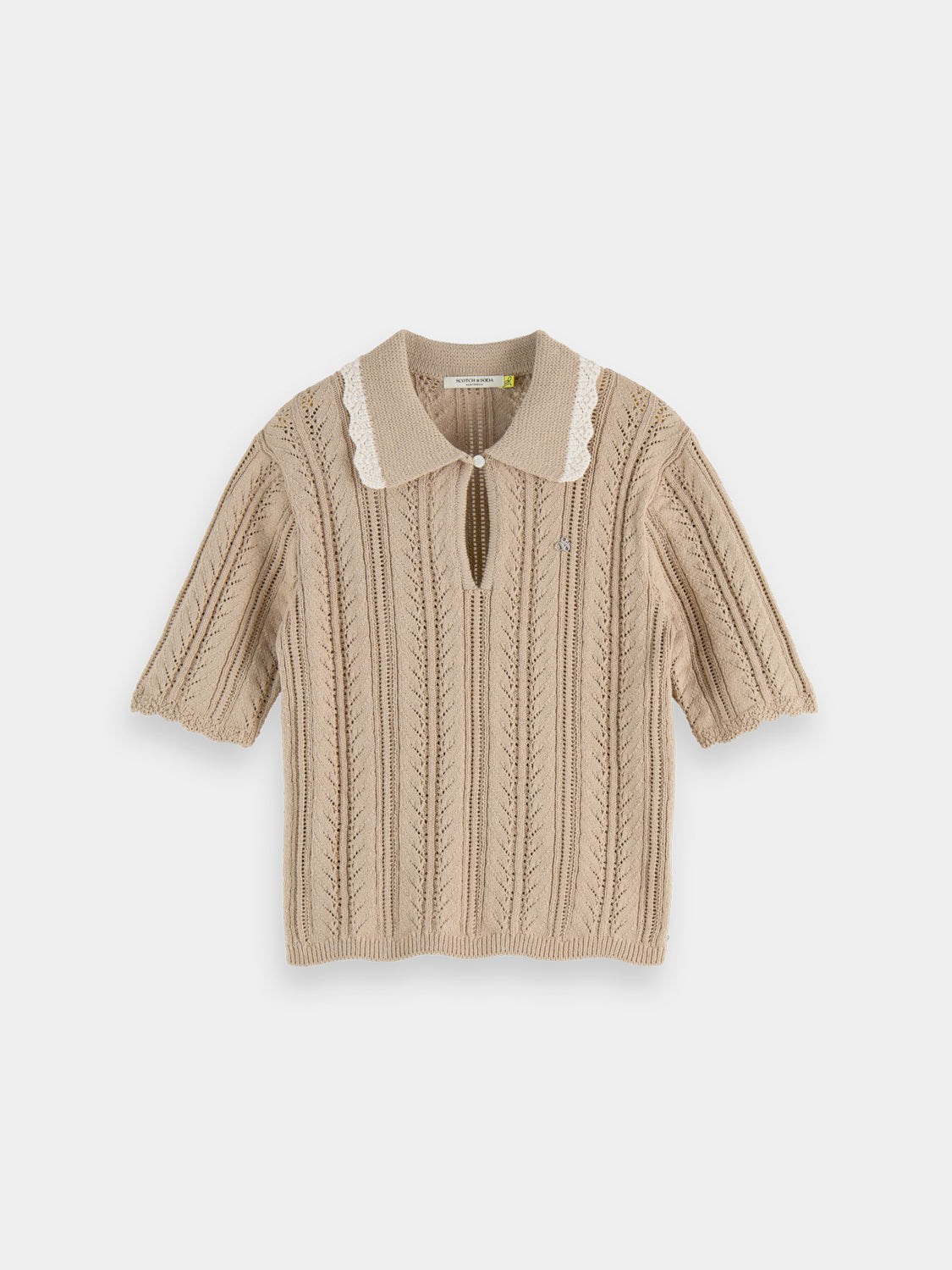 Pointelle knit collared polo shirt by Scotch & Soda, featuring a textured pattern and classic collar detail.