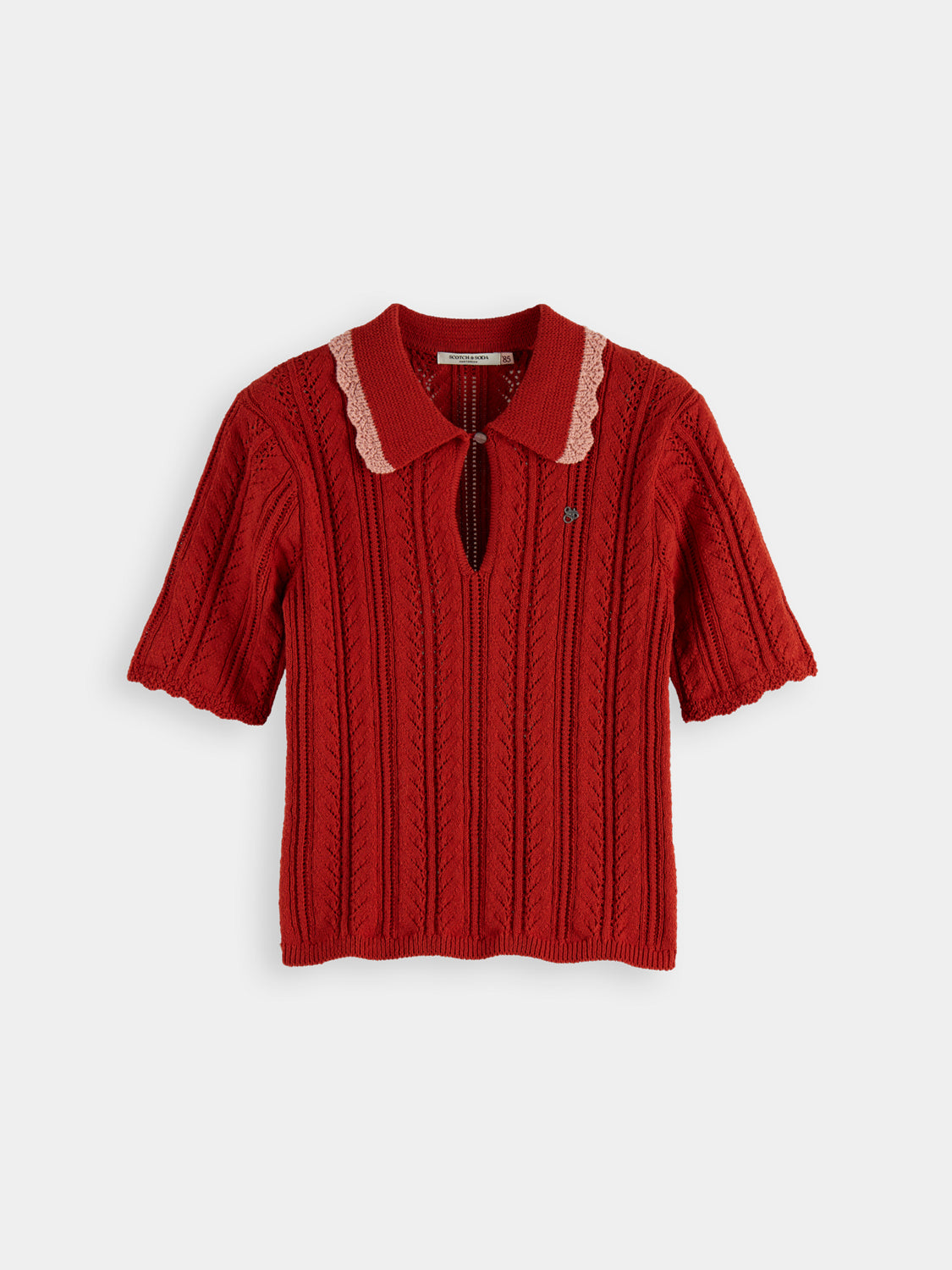 Pointelle collared knitwear polo shirt from Scotch & Soda, featuring a ribbed collar and textured pattern in soft fabric.