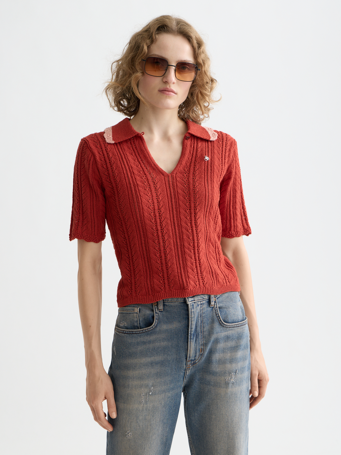 Pointelle knit collared polo shirt by Scotch & Soda featuring a textured pattern and classic fit.