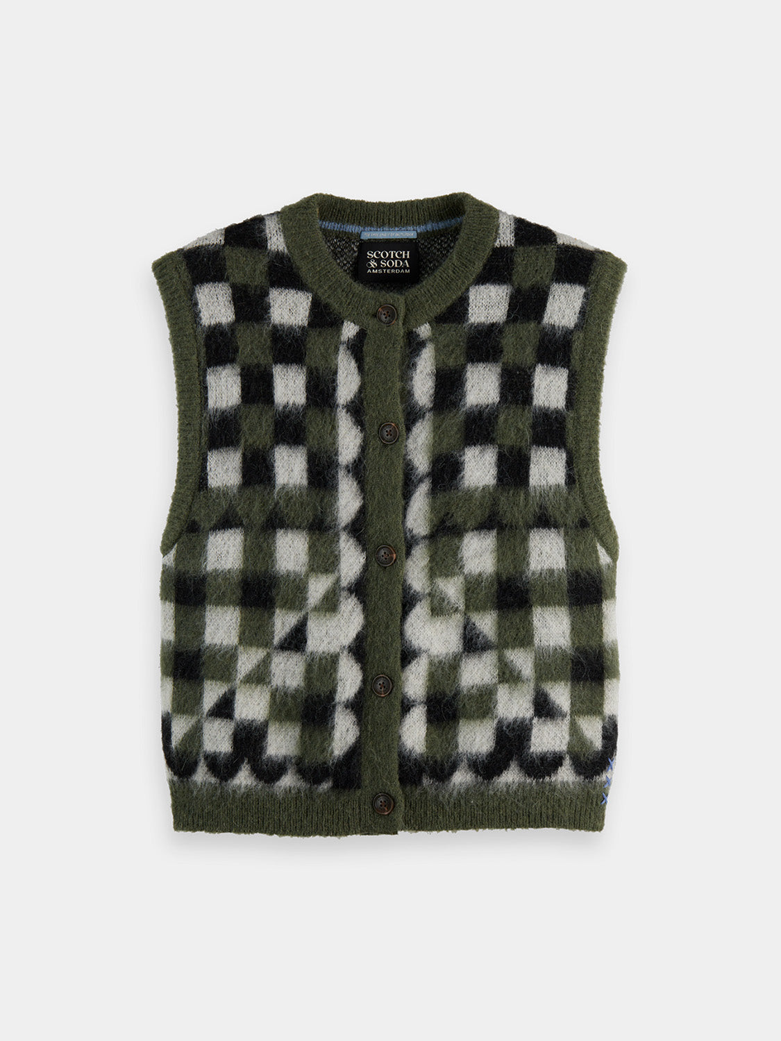 Fuzzy jacquard knitwear spencer by Scotch & Soda, featuring textured pattern and cozy design in soft fabric.