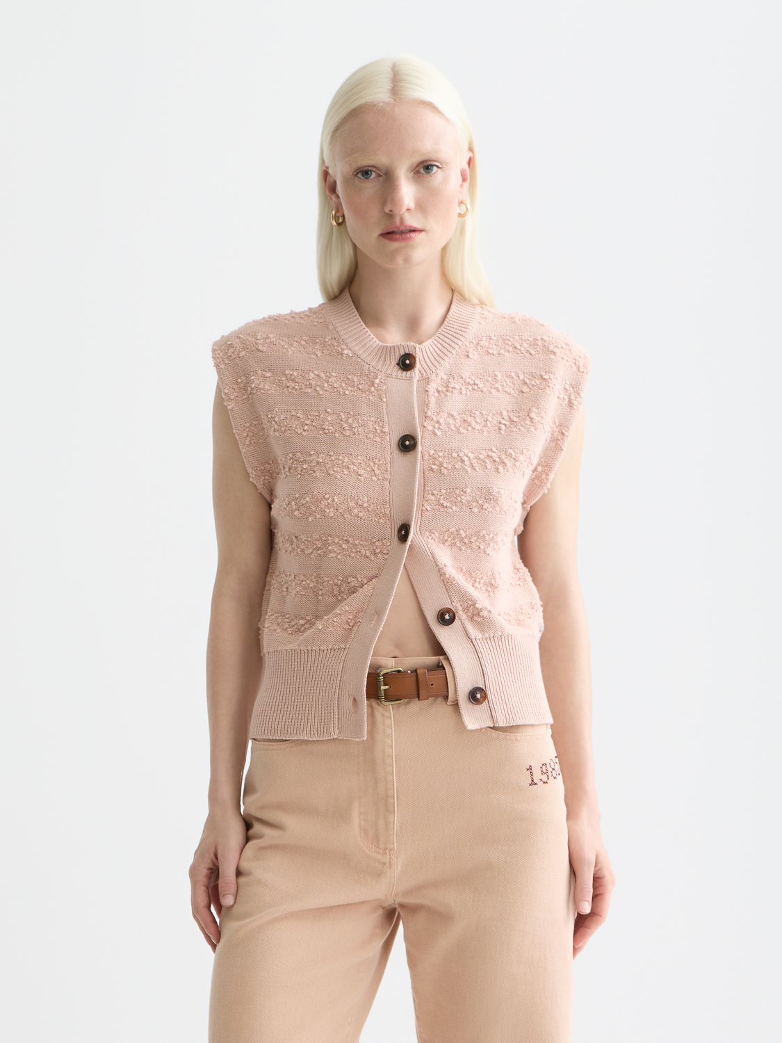 Scotch & Soda boucle stripe spencer knitwear featuring a textured pattern and stylish design, front view.