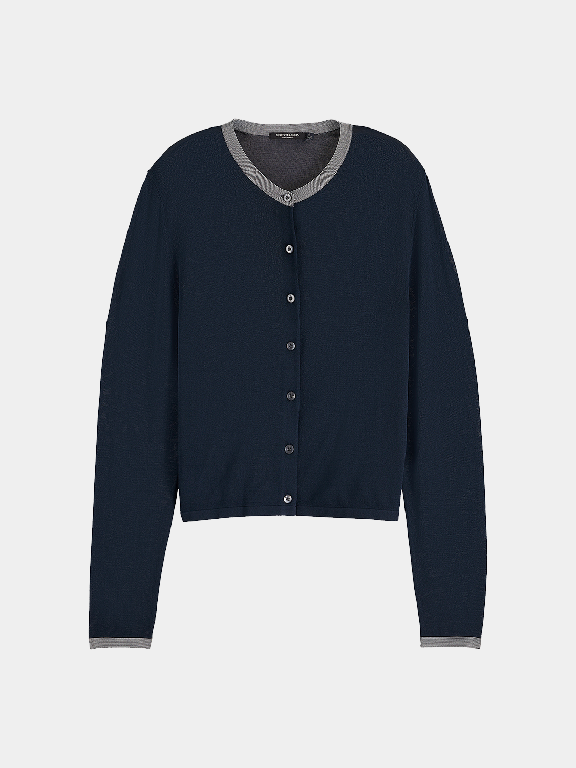 Scotch & Soda crewneck cardigan made of knitwear, featuring a classic design with ribbed collar and cuffs.