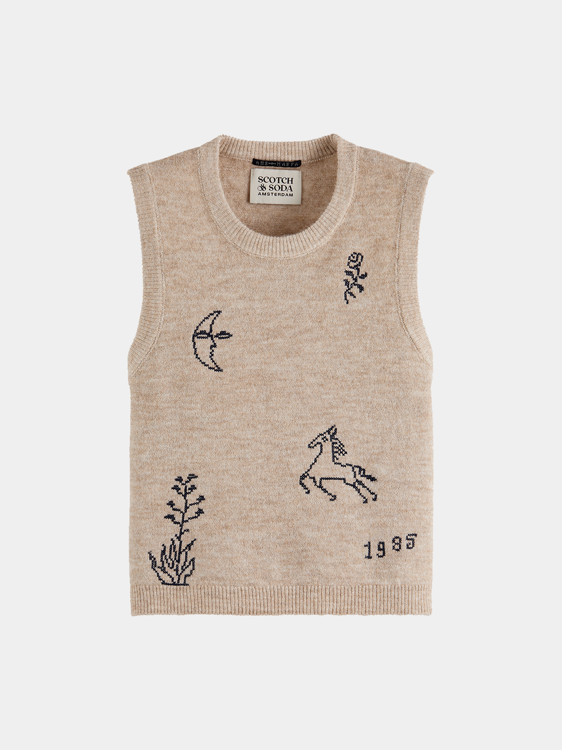 Close-up of a beige knitted tank top by Scotch & Soda, showcasing its soft, textured knitwear fabric and sleeveless design.