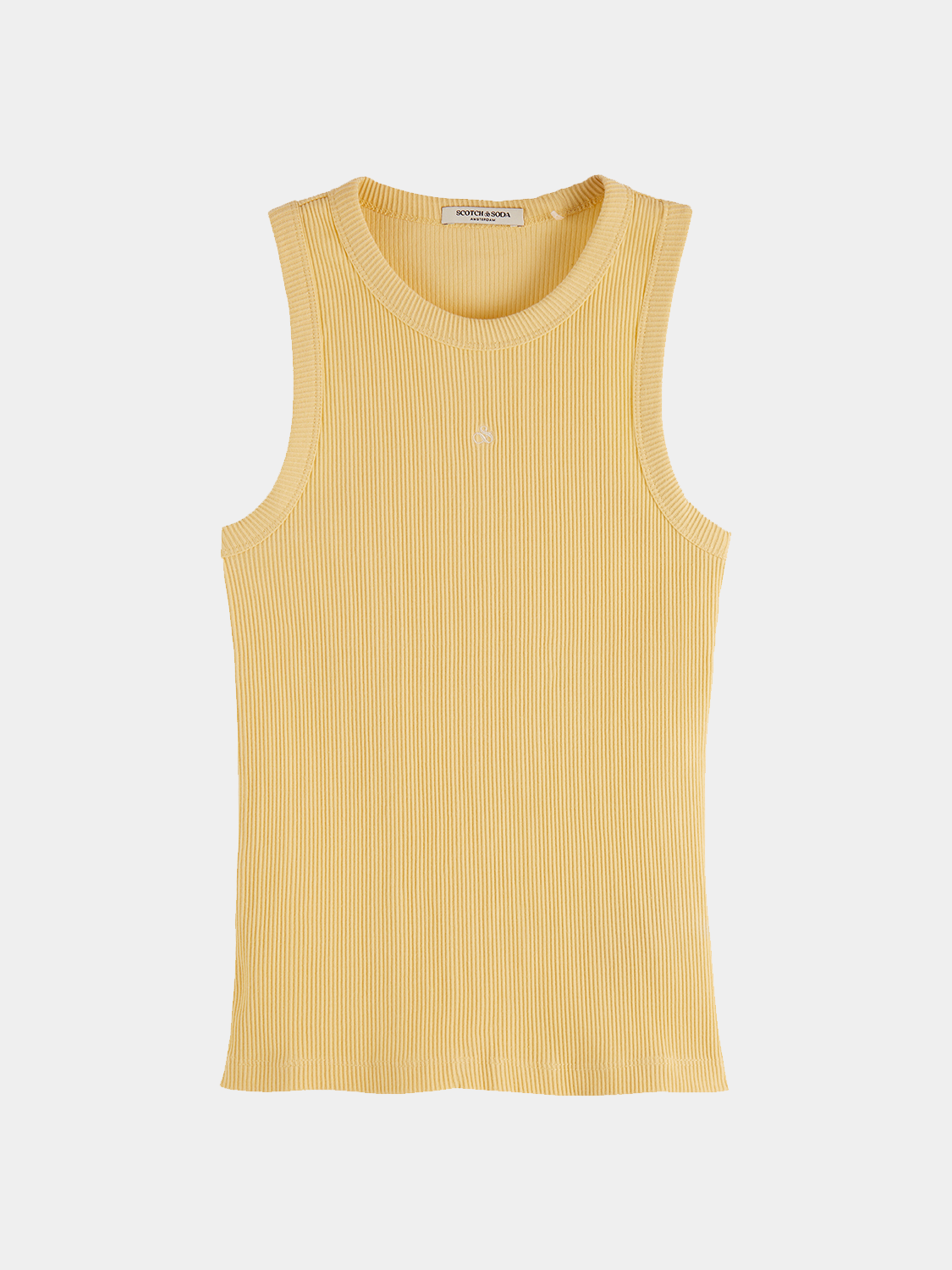 Ribbed tank top from Scotch & Soda, sleeveless with a fitted design, in a neutral color, displayed on a hanger.