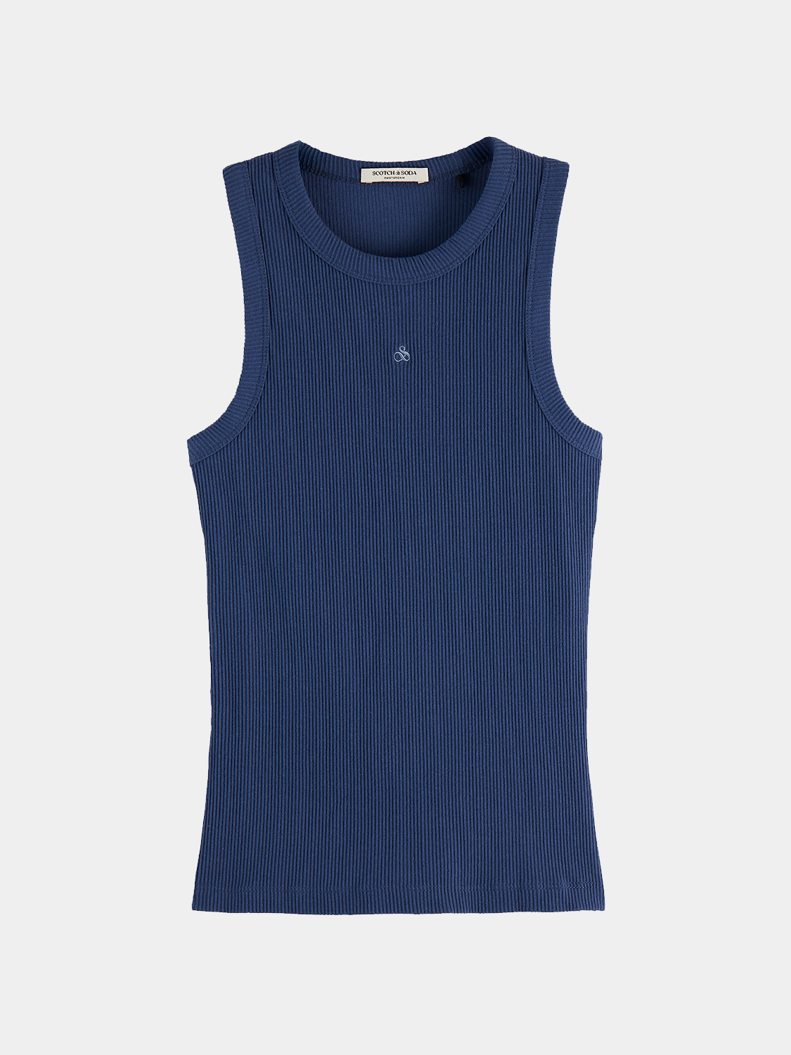 Ribbed beige tank top from Scotch & Soda featuring a fitted sleeveless design and ribbed texture.