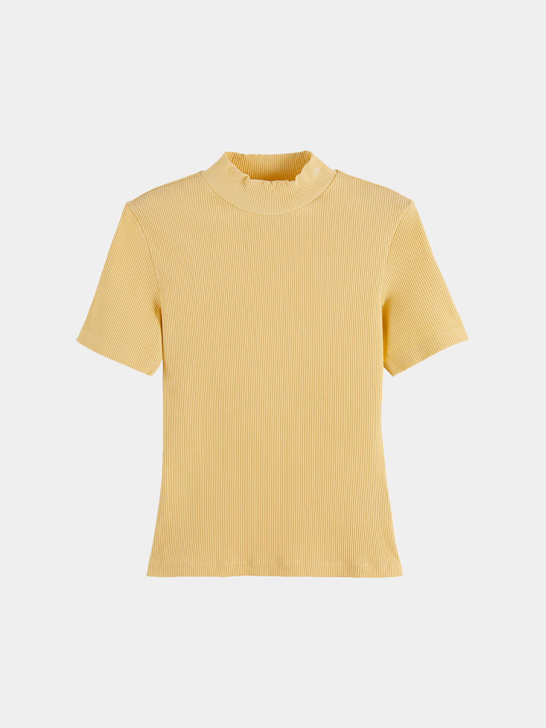 Light beige Scotch & Soda short sleeve mock neck rib top, close-up view showing soft fabric and fitted design.