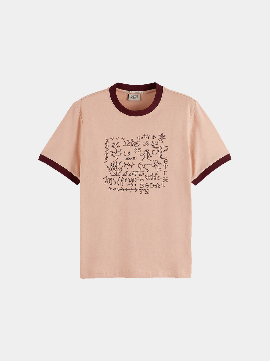 Embroidered Scotch & Soda short sleeve ringer T-shirt with colorful floral embroidery on the front.