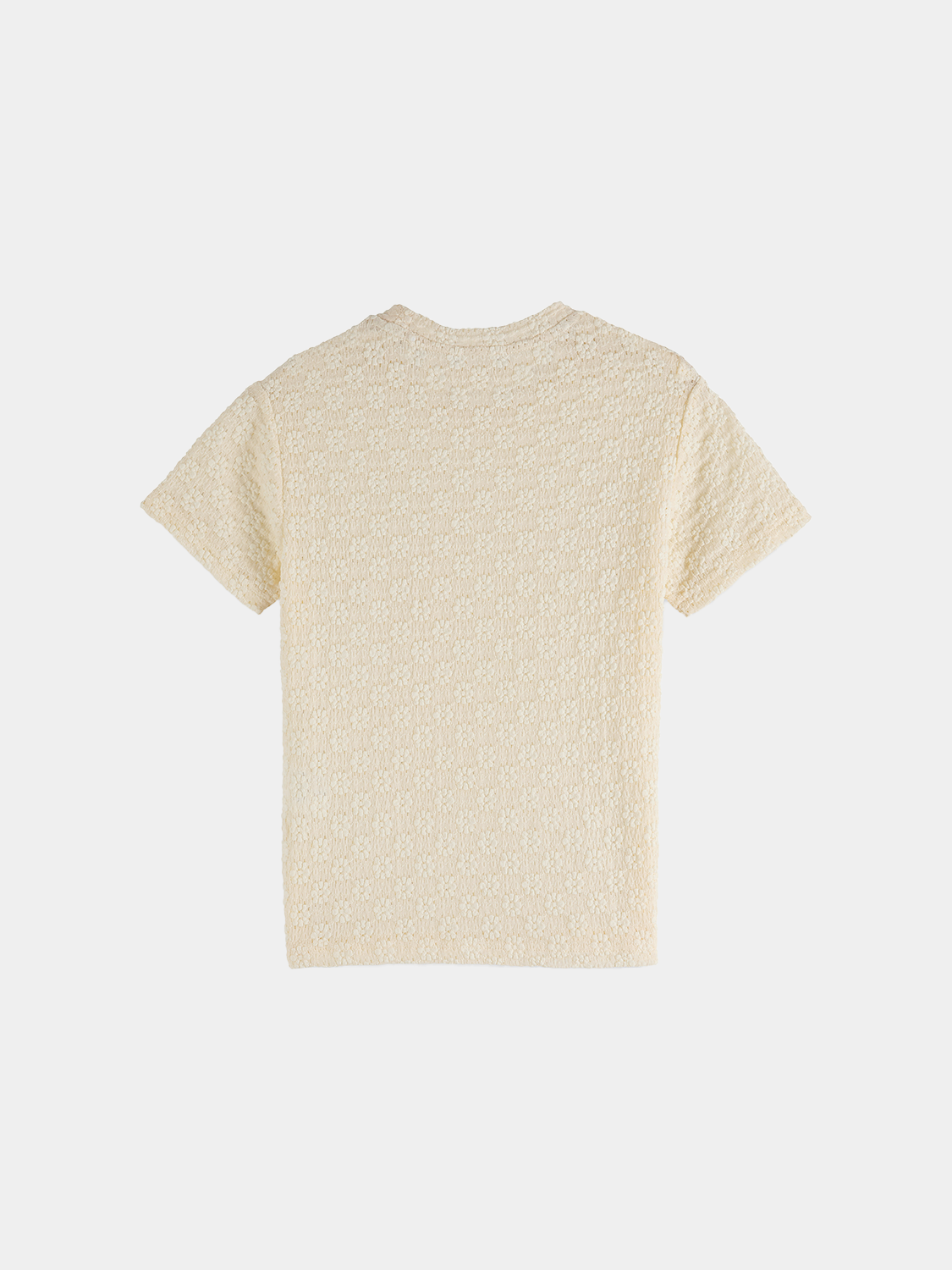 Black Scotch & Soda open structure short-sleeve t-shirt with a breathable, airy design, ideal for casual, stylish summer wear.