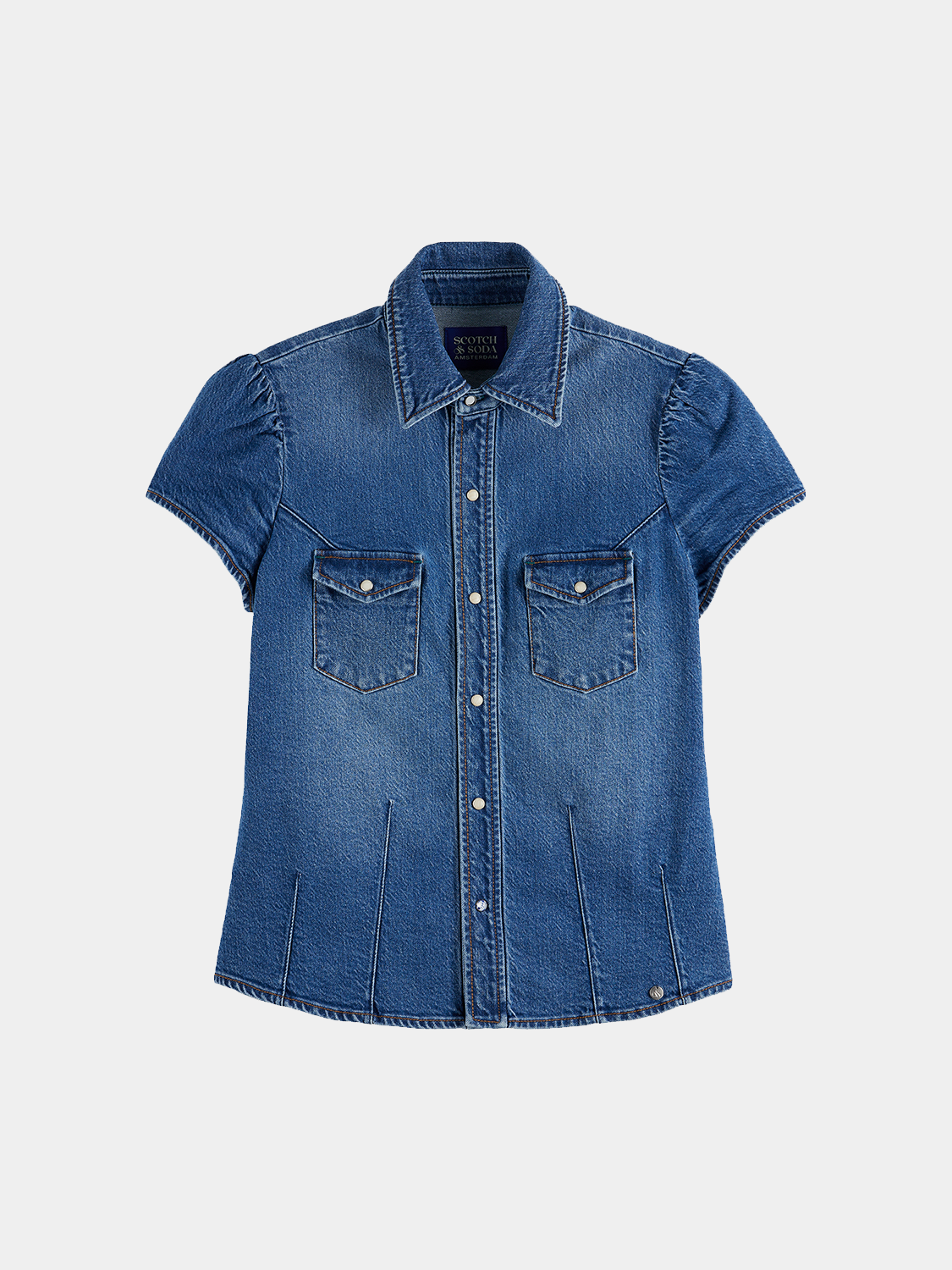 Fitted denim shirt from Scotch & Soda, short-sleeve casual shirt with button front and classic denim styling.