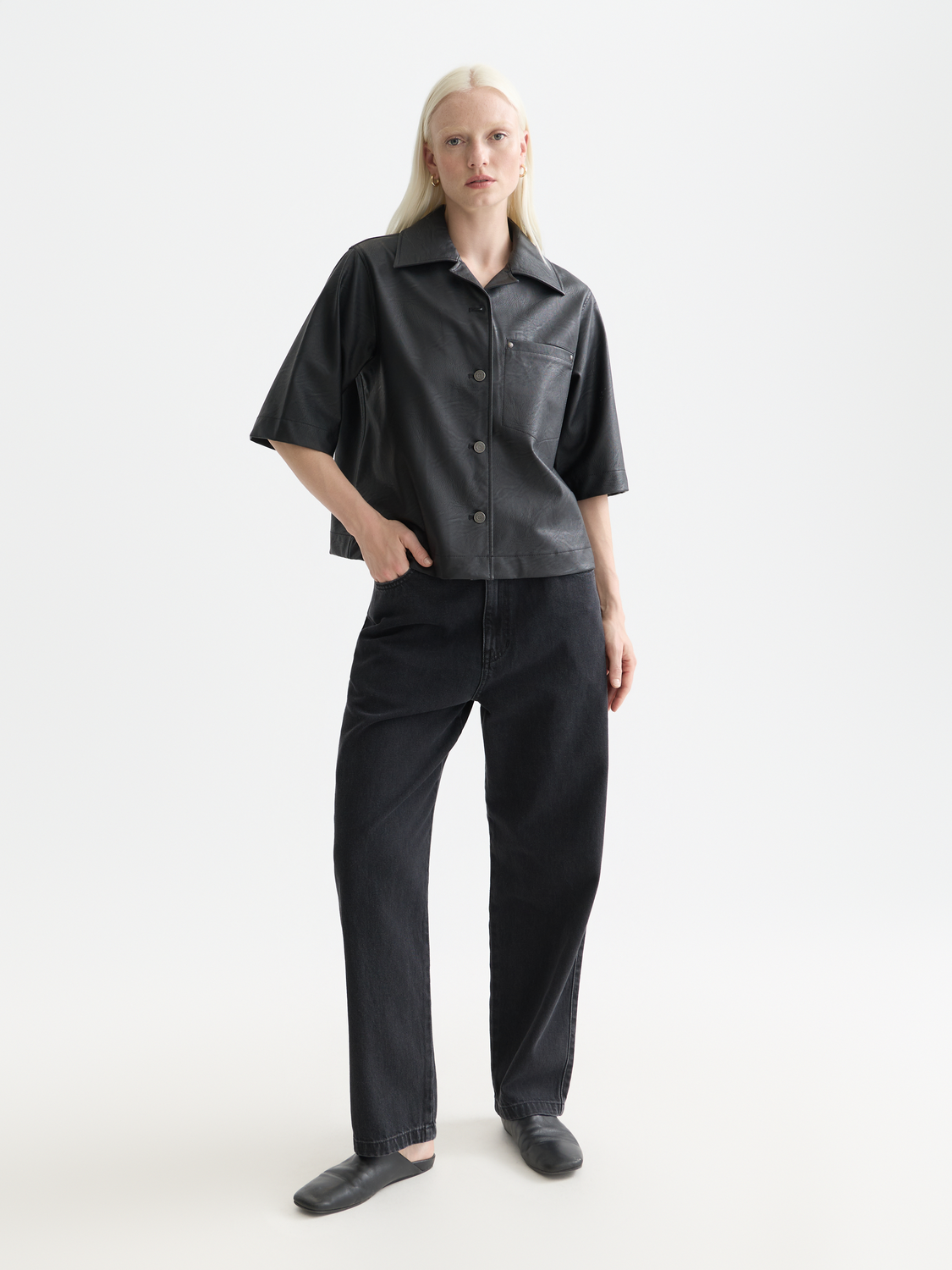 Faux leather short-sleeve shirt by Scotch & Soda, shown in black with a tailored fit and classic collar detail.
