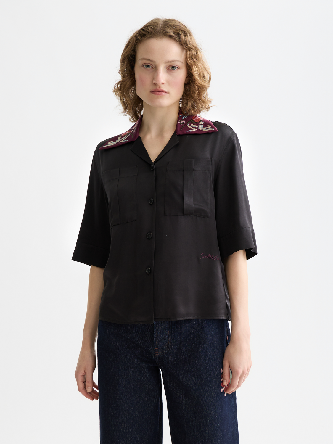 Embroidered Scotch & Soda short sleeve shirt featuring intricate embroidery and a casual fit, front view.